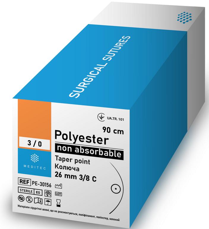 "Поліефір. USP 3/0(М2), зелений 90 см, голка колюча 26 мм, 1/2С. PE-30156"